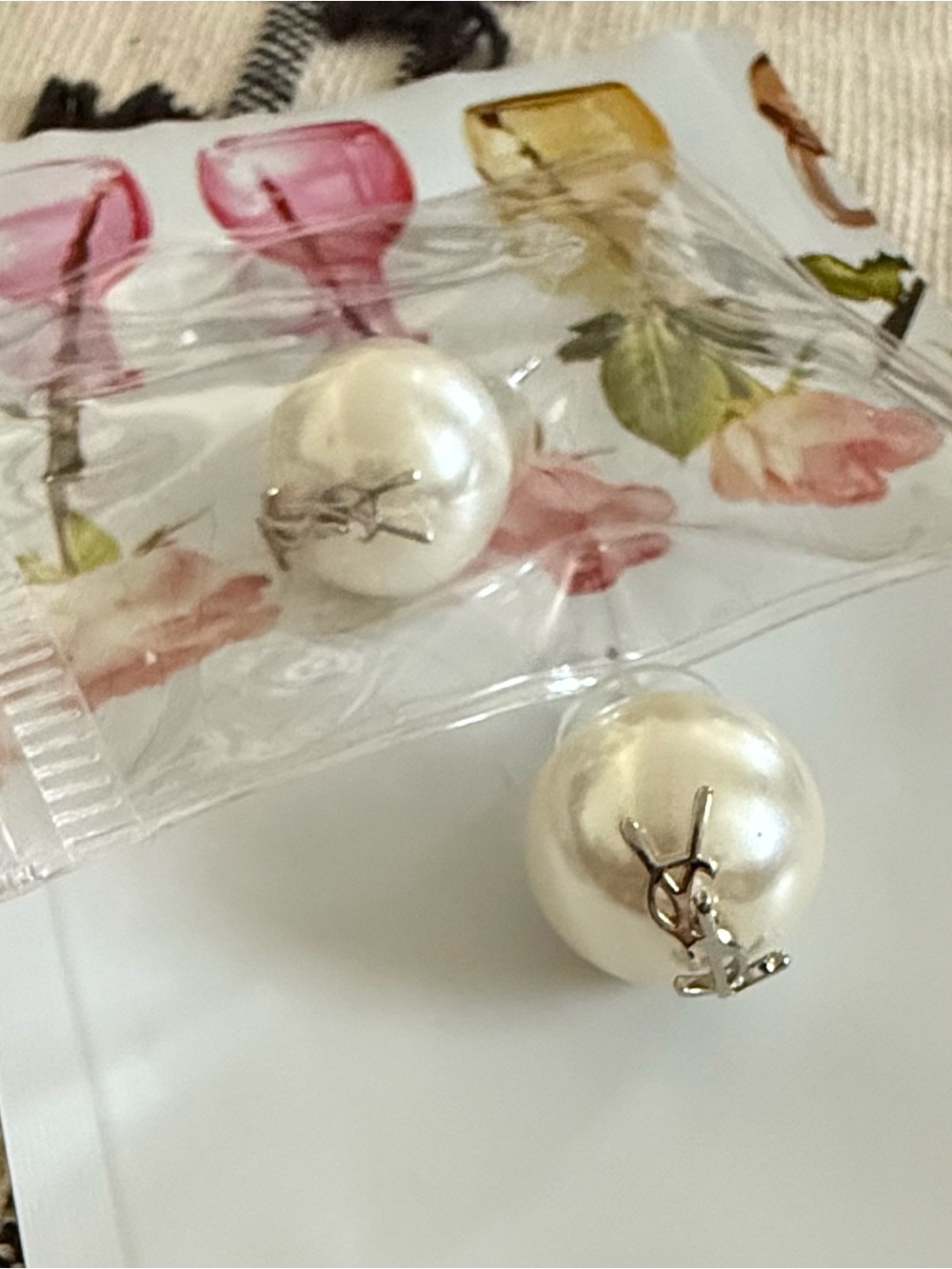 Saint Laurent Pearl Button Earrings with Gold-Tone Logo